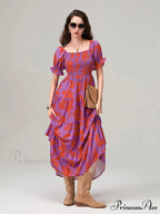 Flowery Pattern Loose Puff Sleeve Square Neck A-Line Holiday Flowery Dress