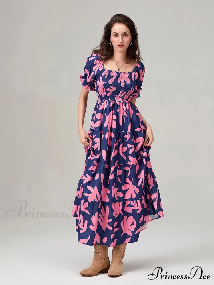 Flowery Pattern Loose Puff Sleeve Square Neck A-Line Holiday Flowery Dress