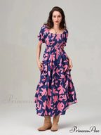 Flowery Pattern Loose Puff Sleeve Square Neck A-Line Holiday Flowery Dress