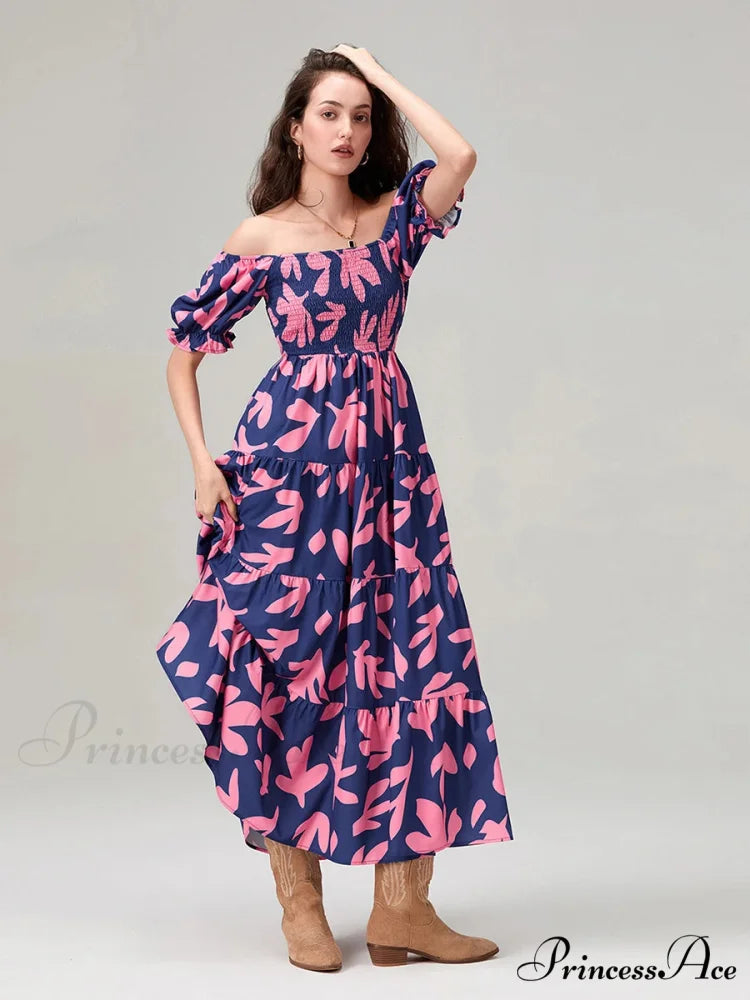 Flowery Pattern Loose Puff Sleeve Square Neck A-Line Holiday Flowery Dress