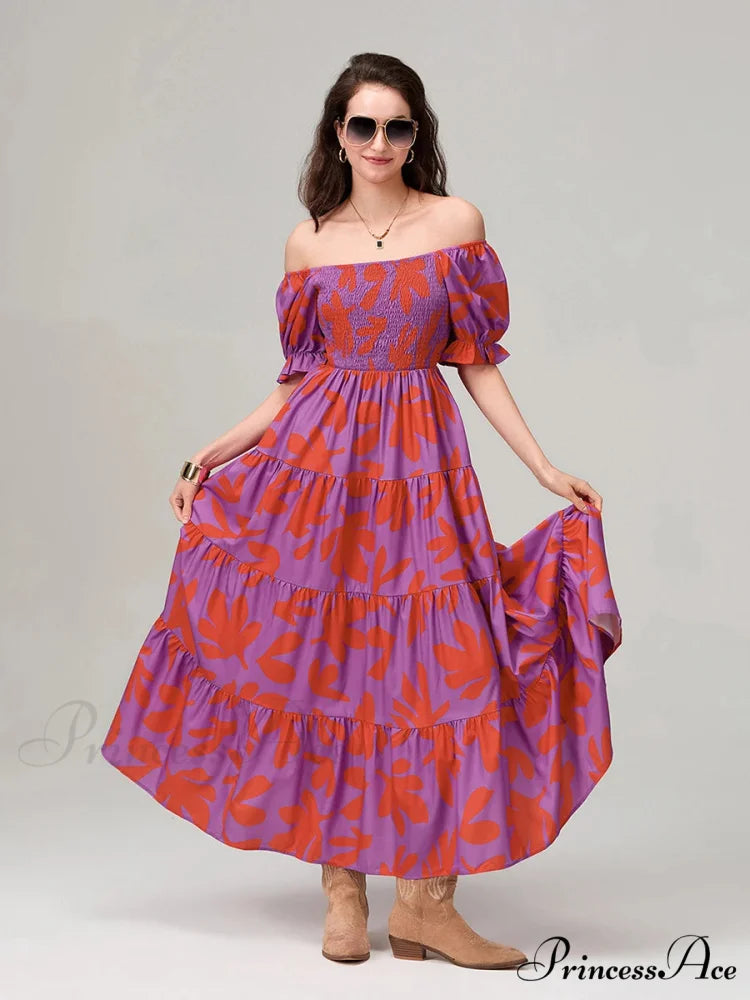Flowery Pattern Loose Puff Sleeve Square Neck A-Line Holiday Flowery Dress