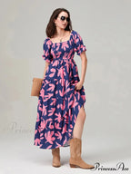 Flowery Pattern Loose Puff Sleeve Square Neck A-Line Holiday Flowery Dress
