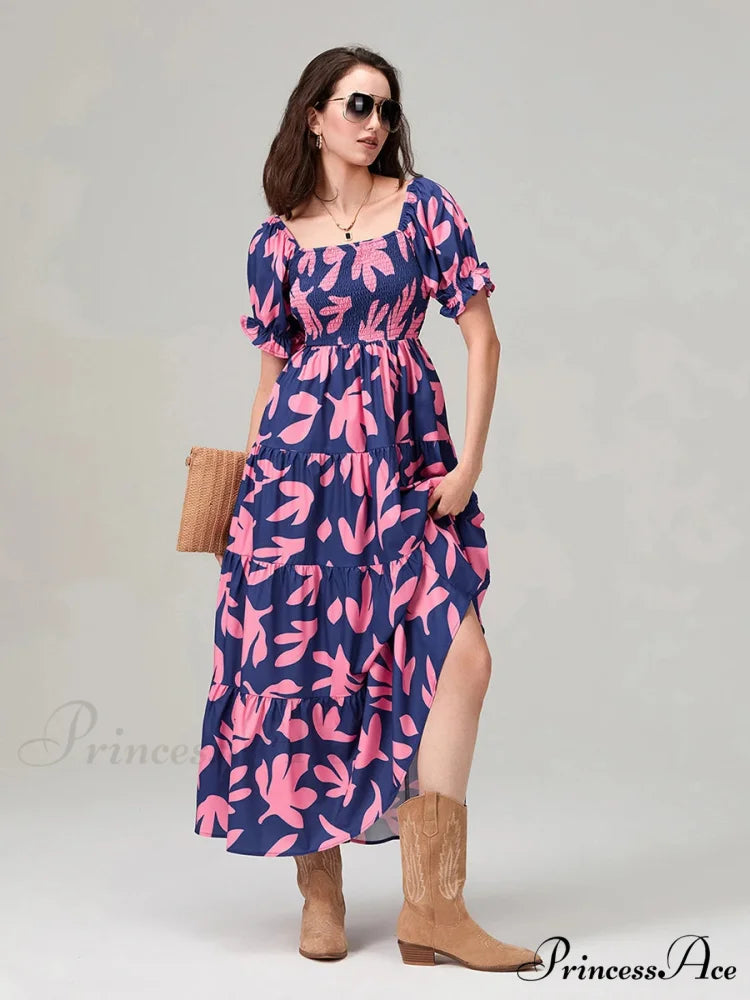 Flowery Pattern Loose Puff Sleeve Square Neck A-Line Holiday Flowery Dress
