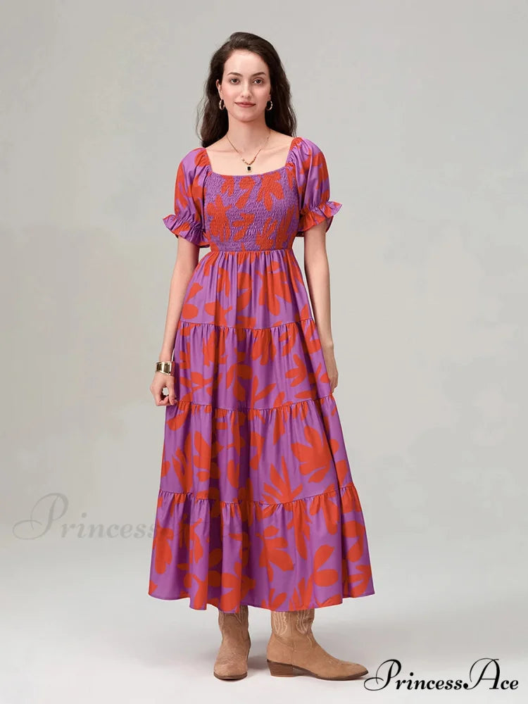 Flowery Pattern Loose Puff Sleeve Square Neck A-Line Holiday Flowery Dress