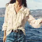 Flowy Frills Bow Tie Long Sleeve Boho Blouse