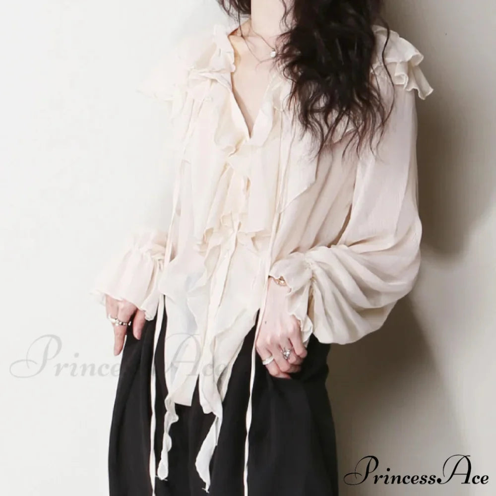 Flowy Frills Bow Tie Long Sleeve Boho Blouse