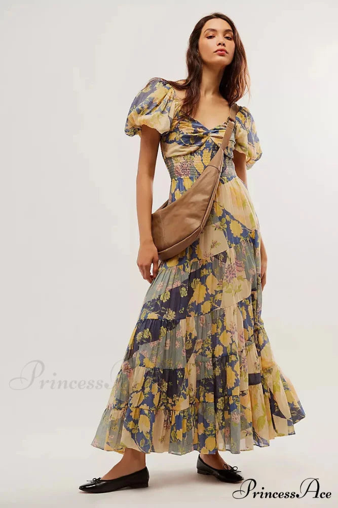 Flowy Maxi Dress Flower Pattern Balloon Sleeve