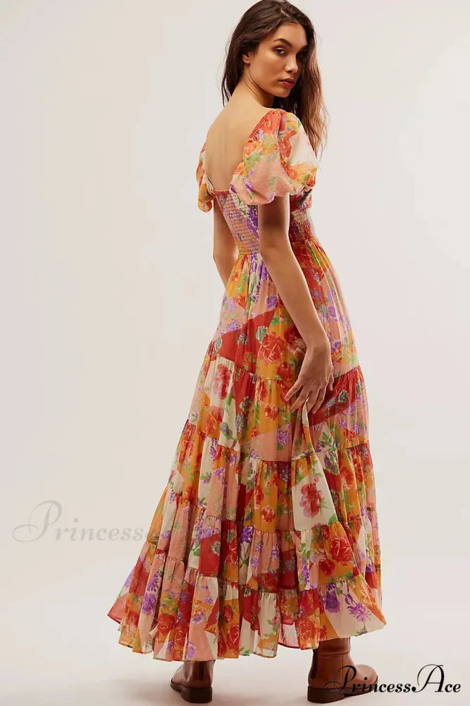 Flowy Maxi Dress Flower Pattern Balloon Sleeve