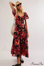 Flowy Maxi Dress Flower Pattern Balloon Sleeve
