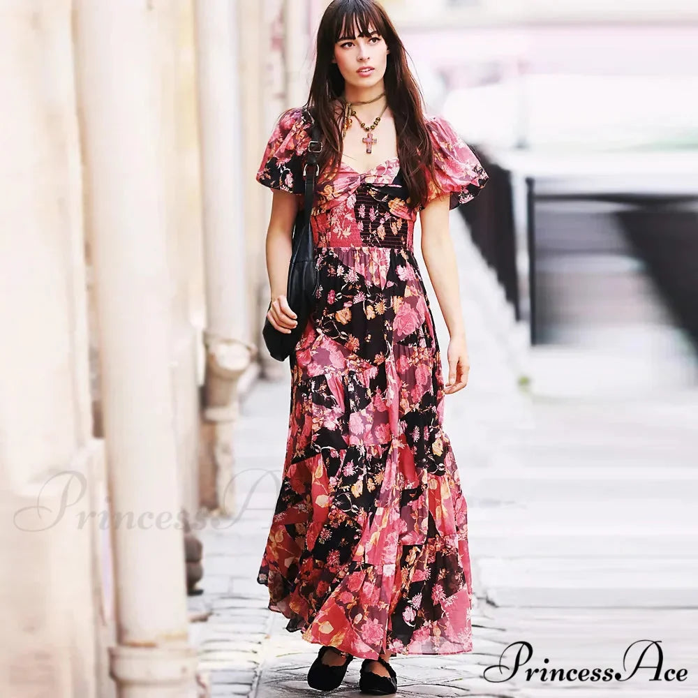 Flowy Maxi Dress Flower Pattern Balloon Sleeve
