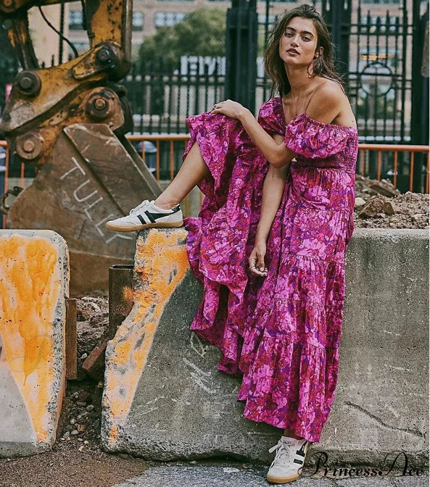 Flowy Maxi Dress Flower Pattern Balloon Sleeve