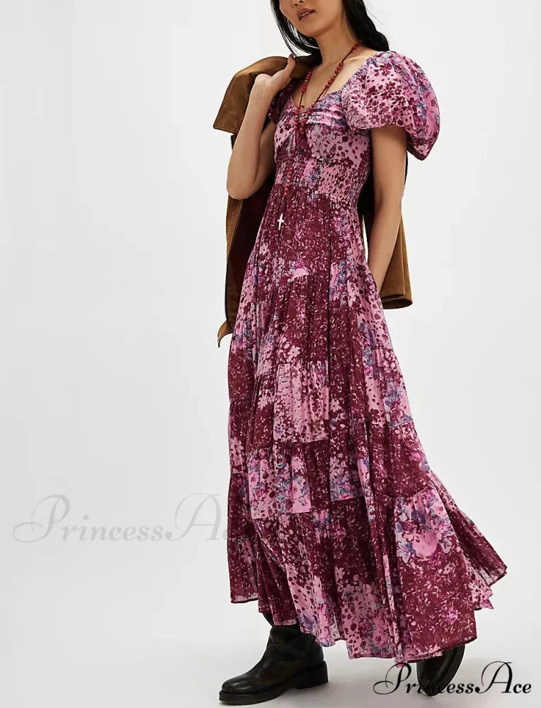 Flowy Maxi Dress Flower Pattern Balloon Sleeve