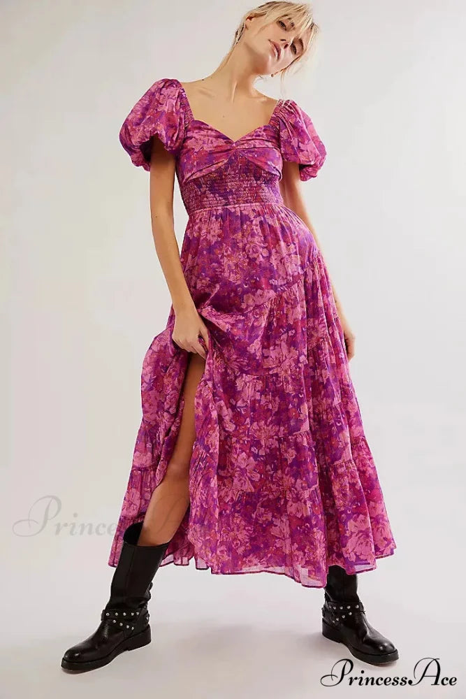 Flowy Maxi Dress Flower Pattern Balloon Sleeve