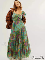 Flowy Maxi Dress Flower Pattern Balloon Sleeve