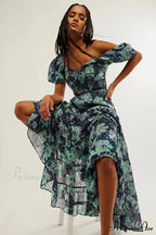 Flowy Maxi Dress Flower Pattern Balloon Sleeve