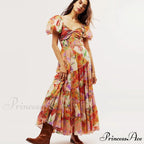 Flowy Maxi Dress Flower Pattern Balloon Sleeve