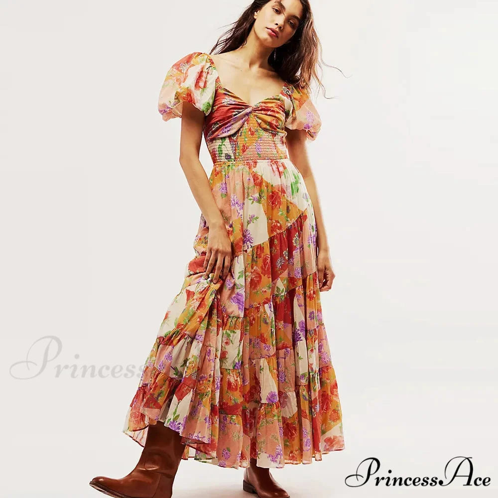 Flowy Maxi Dress Flower Pattern Balloon Sleeve