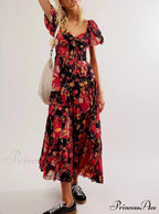 Flowy Maxi Dress Flower Pattern Balloon Sleeve