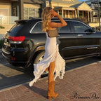 Flowy Ruffle Flower Trim High Split Sophisticated Strapless Party Midi Dress - Black