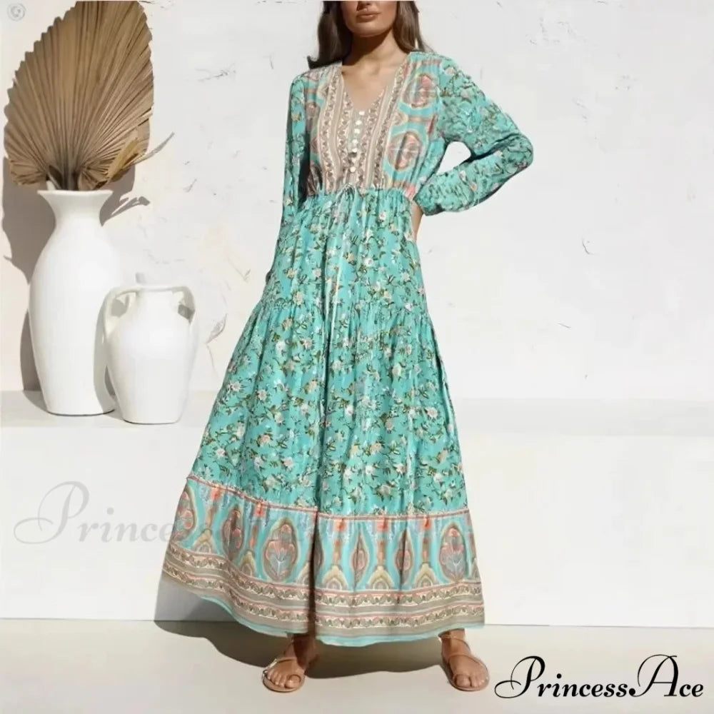 Flowy Sleeve Baggy V-neck Emerald Floral Print Summer Maxi Boho Dress