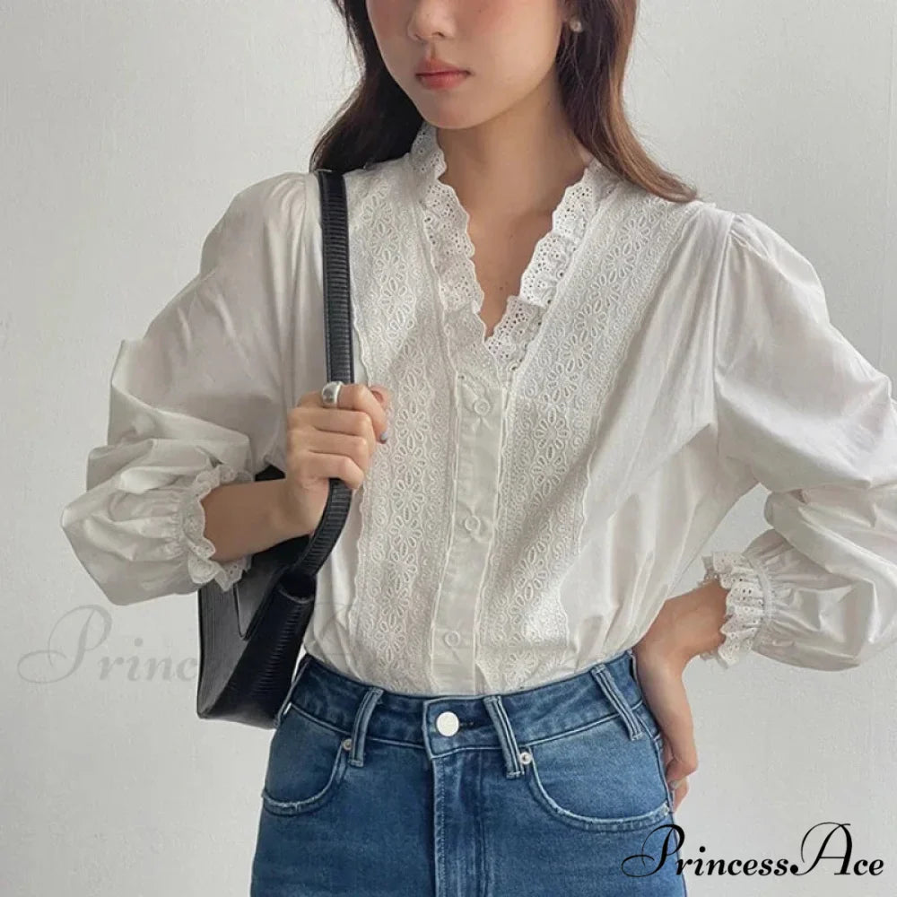 Flowy Sleeve Frills V-Neck Cotton Bohemian Work Blouse