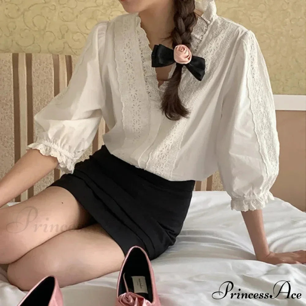 Flowy Sleeve Frills V-Neck Cotton Bohemian Work Blouse