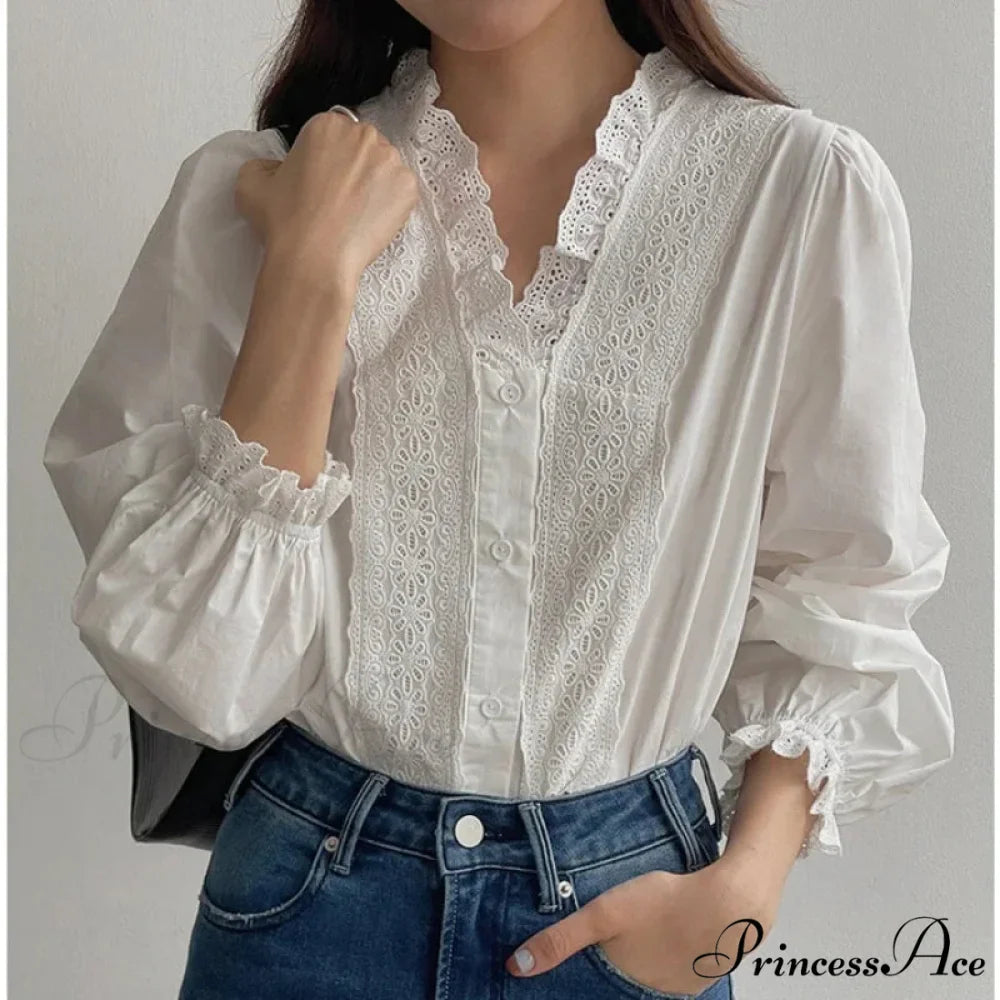 Flowy Sleeve Frills V-Neck Cotton Bohemian Work Blouse