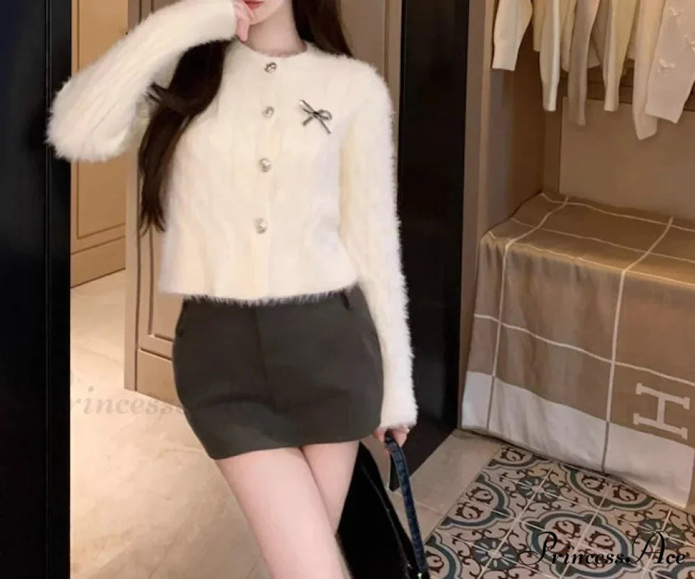 Fluffy Round Neck Bow Christmas Cardigan