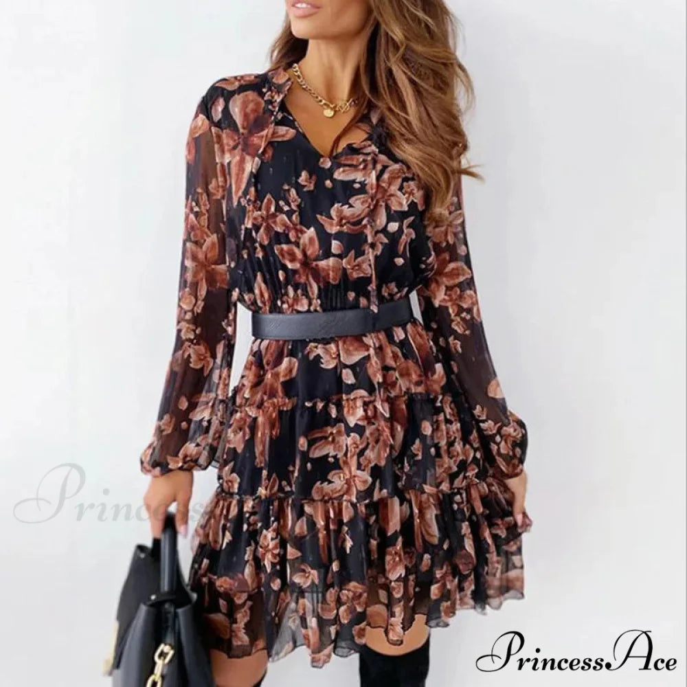 Folded Flower V-neck Extended Sleeve Enveloped Flower Dress