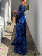 Foral Off Shoulder Back Graceful Smocked Vacation Maxi Dress