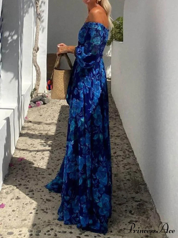 Foral Off Shoulder Back Graceful Smocked Vacation Maxi Dress