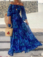 Foral Off Shoulder Back Graceful Smocked Vacation Maxi Dress