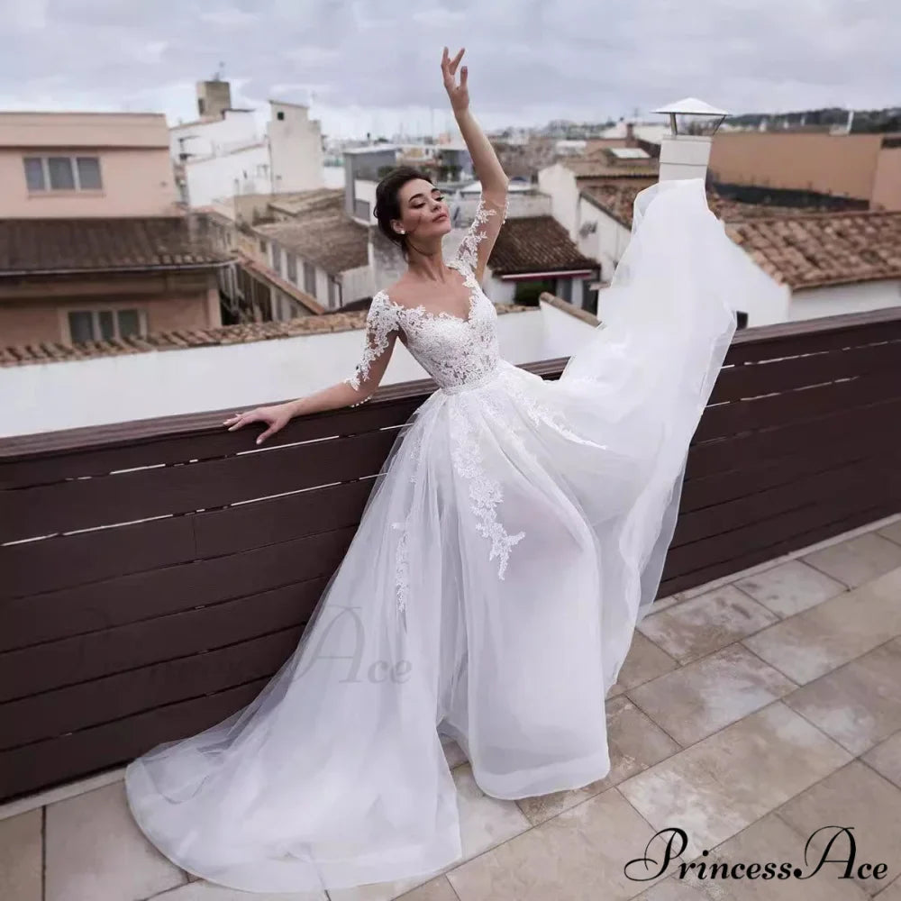 French Deep Neck Long Sleeve Marriage Gown