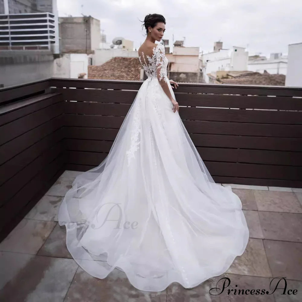French Deep Neck Long Sleeve Marriage Gown