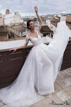 French Deep Neck Long Sleeve Marriage Gown