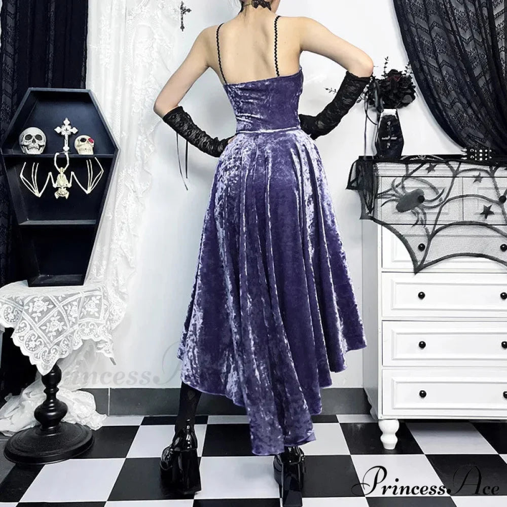 French Fashion Purple Slim Sling Trailing Gothic Dark High Waist Irregular Fairy Grunge Dress