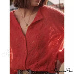French Hollow Out Loose Red Mohair Cardigan