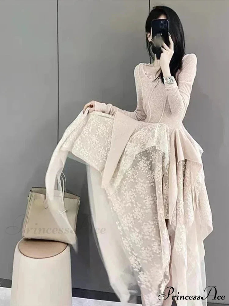 French Irregular Lace Splicing Evening Bridesmaid White Midi Dress