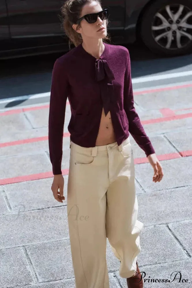 French Style Bow Wool Blended Cardigan