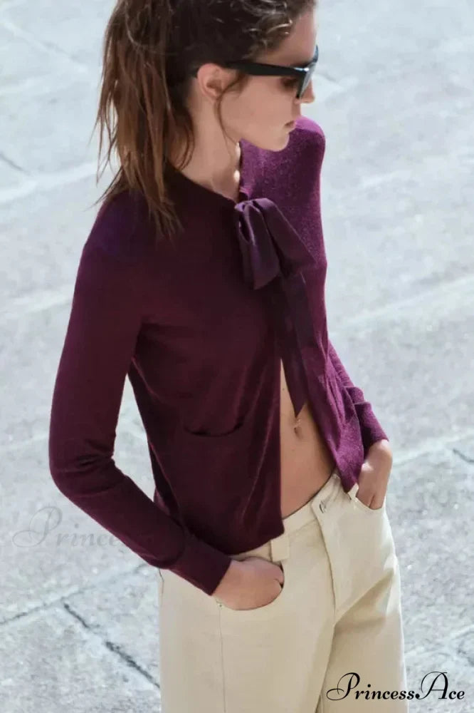 French Style Bow Wool Blended Cardigan