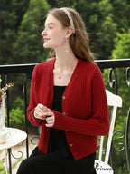 French V-neck Long Sleeve Red Cardigan