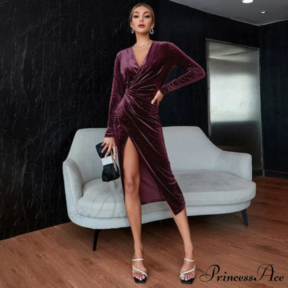 French V-Neck Long Sleeve Velvet Dresses