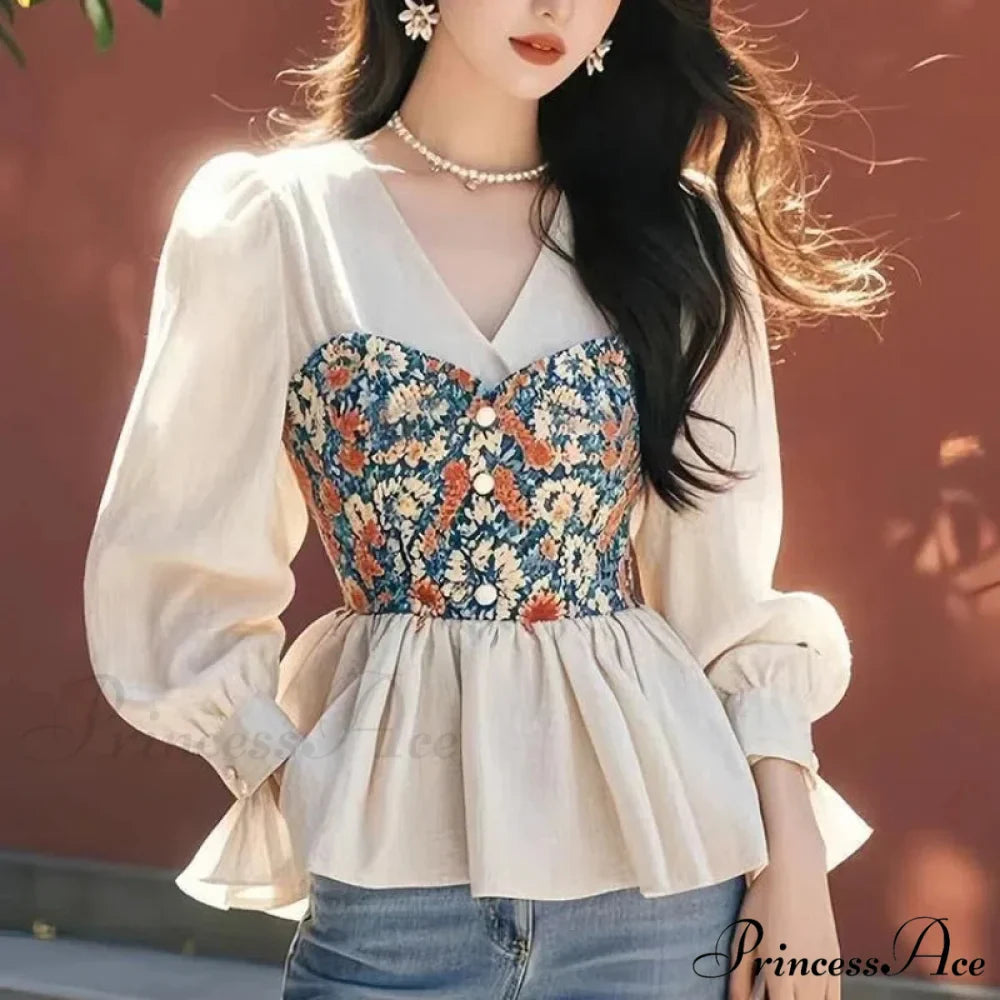 French Waist Tightened V-neck Two-Piece Blouse