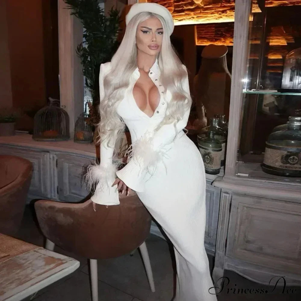 French Y2K Feather Polo Collar Party Dress