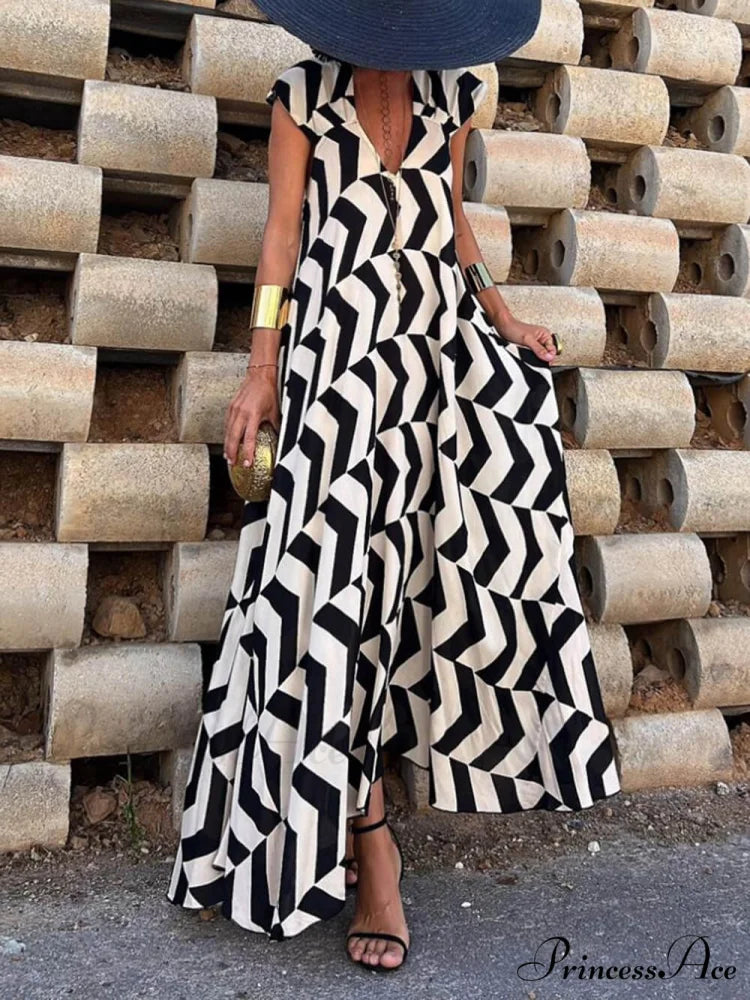 Fresh Unique Ethnic Print Graceful Ruffle Sleeve A-line Maxi Dress