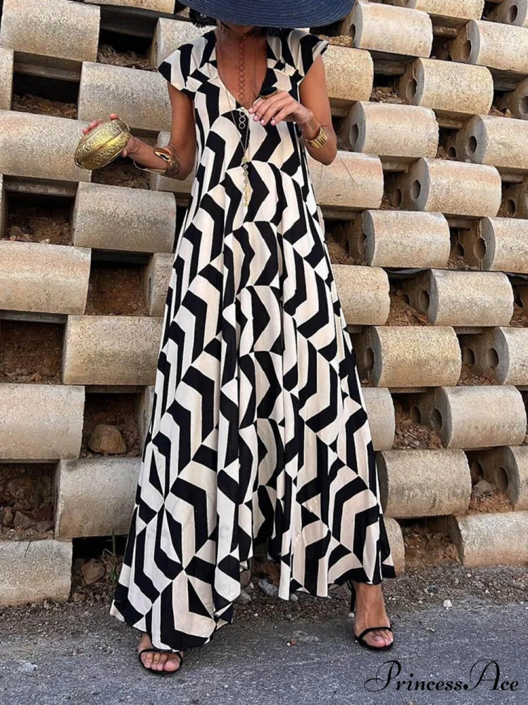 Fresh Unique Ethnic Print Graceful Ruffle Sleeve A-line Maxi Dress