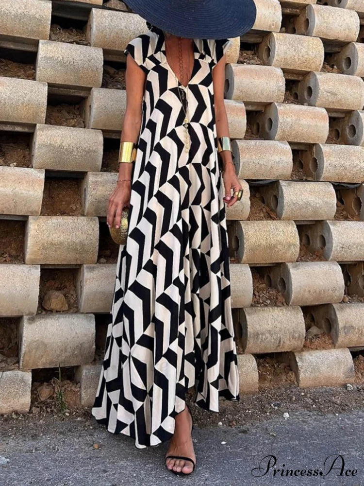 Fresh Unique Ethnic Print Graceful Ruffle Sleeve A-line Maxi Dress