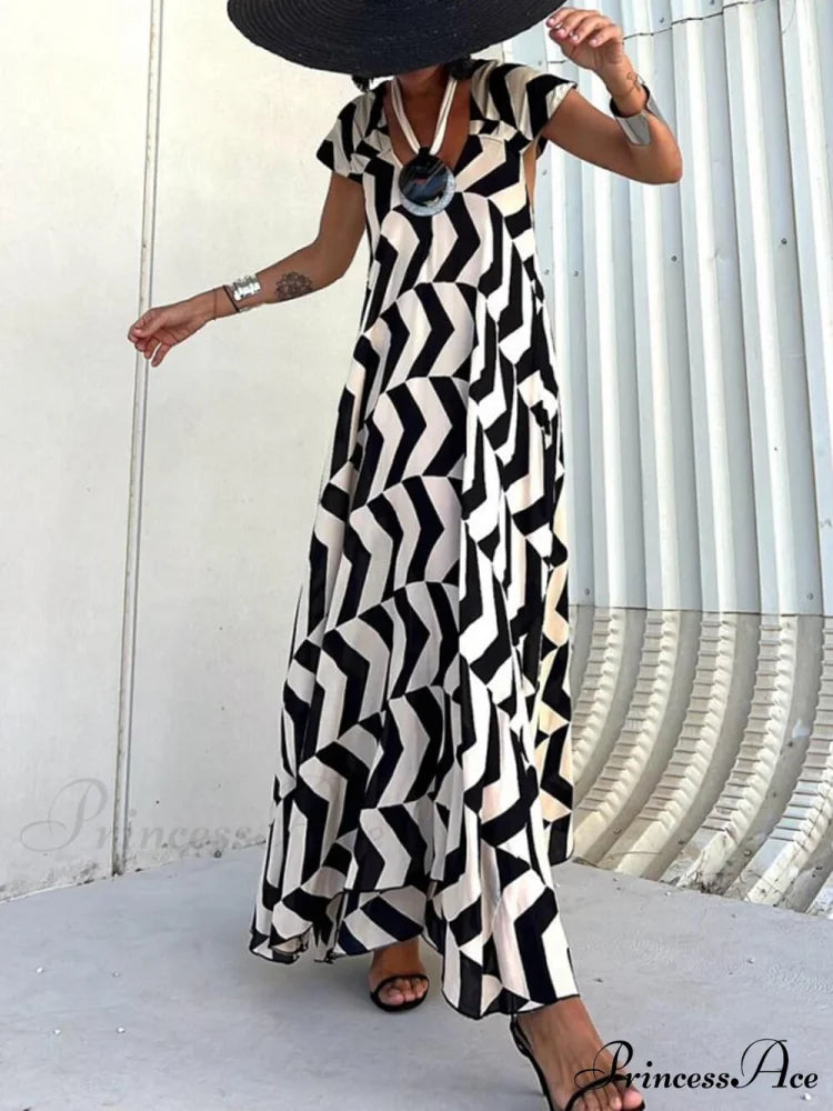 Fresh Unique Ethnic Print Graceful Ruffle Sleeve A-line Maxi Dress