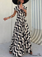 Fresh Unique Ethnic Print Graceful Ruffle Sleeve A-line Maxi Dress