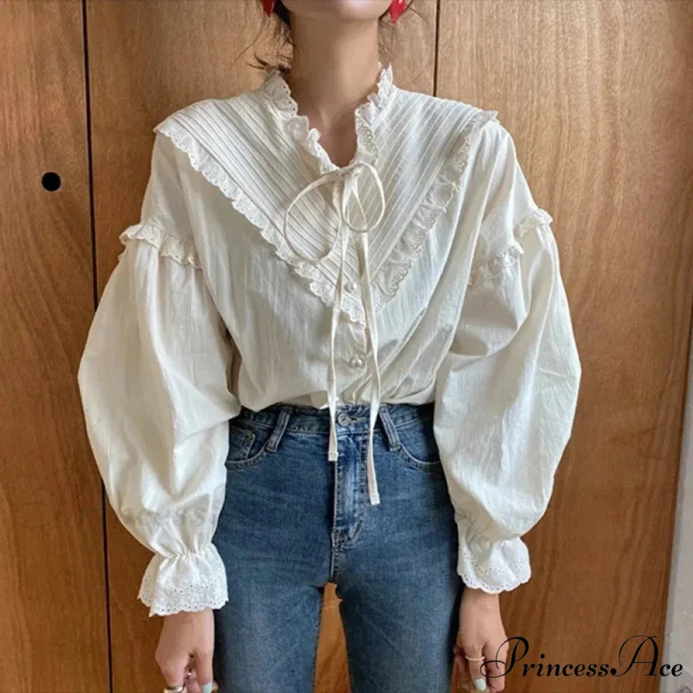 Frilled Antique Plain Extended Sleeve Bow Blouse